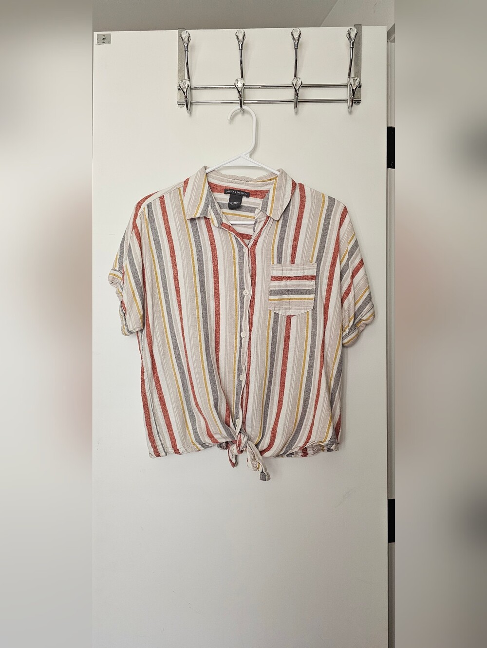 Short-Sleeve Bottom Tie-Front Stripe Shirt